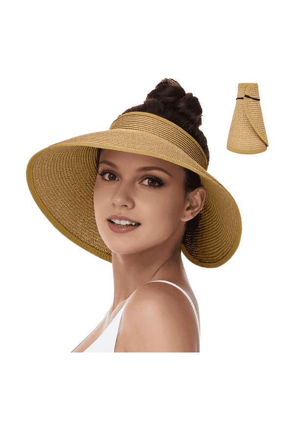 Sun Hats Visor for Women, UV UPF Straw Beach Hat Foldable Wide Brim Ponytail Summer Hats Packable Travel