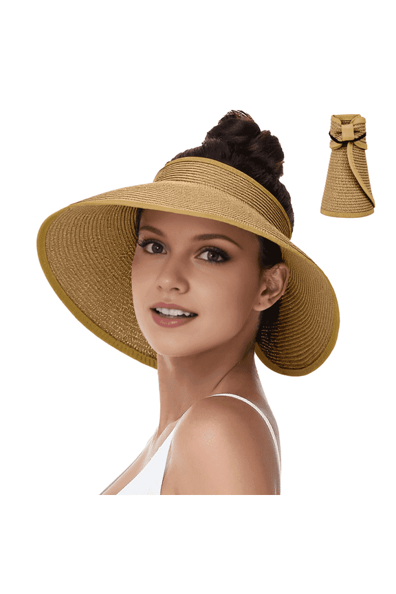 Sun Hats Visor for Women, UV UPF Straw Beach Hat Foldable Wide Brim Ponytail Summer Hats Packable Travel