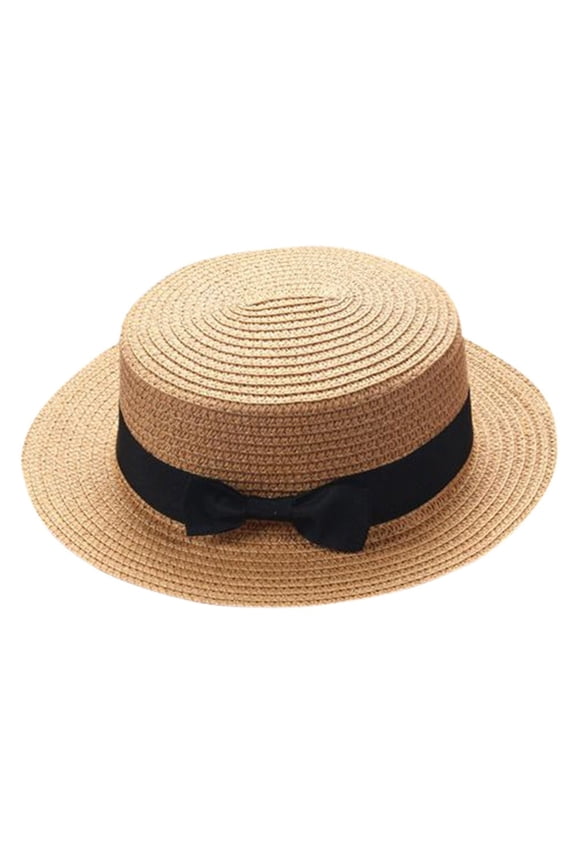 Classic Floppy Bow Straw Hat for Women Men Summer Beach Sun Wide Brim Boater Cap for Outdoor Garden Party Khaki