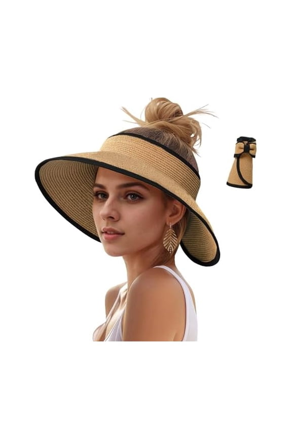 Sun Hats Visor for Women, UV UPF Straw Beach Hat Foldable Wide Brim Ponytail Summer Hats Packable Travel