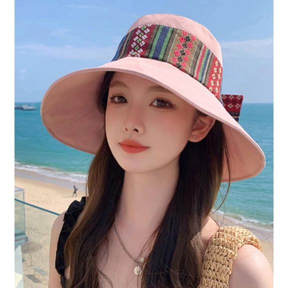 Sun Hats for Women with Hat Clip, Wide Brim Bucket Hat with Bow, Lightweight and Foldable Exotic Panama Cap, UV Protection Fishing Caps for Women, Pink