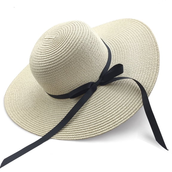 Sun Hats for Women, Large Wide Brim Bowknot Straw Hats, Adjustable Foldable Packable Cap, Block Out the Summer Sun and UV Light, Summer Beach Hat, Beige