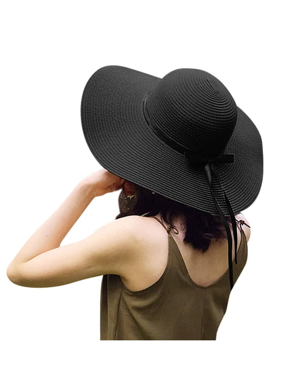 Sun Hats for Women, Large Wide Brim Bowknot Straw Hats, Adjustable Foldable Packable Cap, Block Out the Summer Sun and UV Light, Summer Beach Hat, Black
