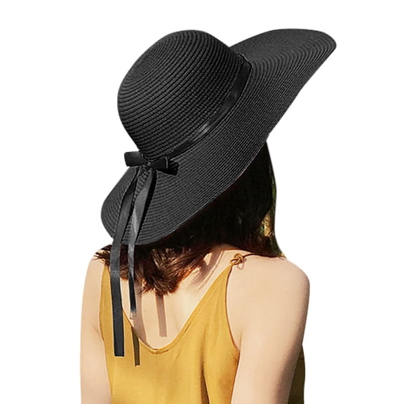 Sun Hats for Women, Large Wide Brim Bowknot Straw Hats, Adjustable Foldable Packable Cap, Block Out the Summer Sun and UV Light, Summer Beach Hat, Black