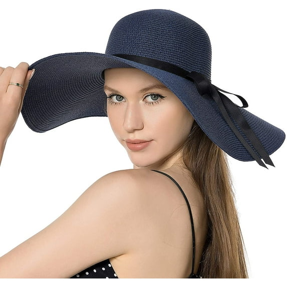 Sun Hats for Women, Large Wide Brim Bowknot Straw Hats, Adjustable Foldable Packable Cap, Block Out the Summer Sun and UV Light, Summer Beach Hat, Navy Blue