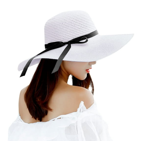 Sun Hats for Women, Large Wide Brim Bowknot Straw Hats, Adjustable Foldable Packable Cap, Block Out the Summer Sun and UV Light, Summer Beach Hat, White