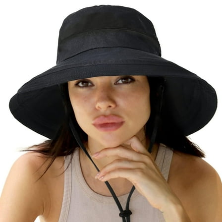 JSEMOY Wide Brim Ponytail Sun Protection Breathable Quick Drying Waterproof Beach Gardening Hat, Black