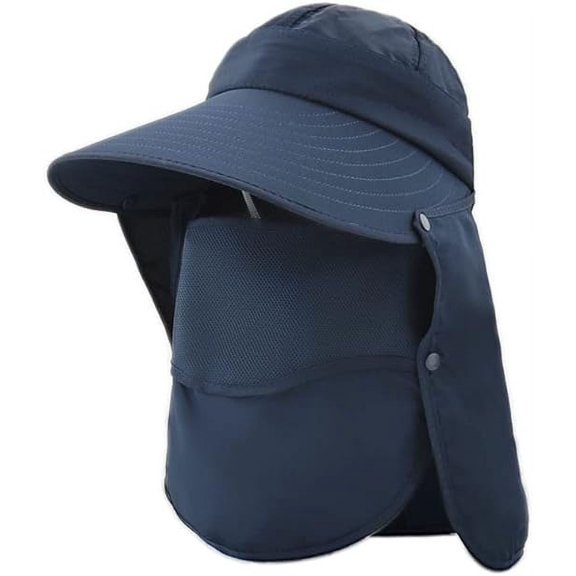 Sun Hats for Women, UPF 50  UV Protection Caps with Detachable Neck Face Flap, Ponytail Waterproof Wide Brim Hat with Adjustable Strap Clip, Navy Blue