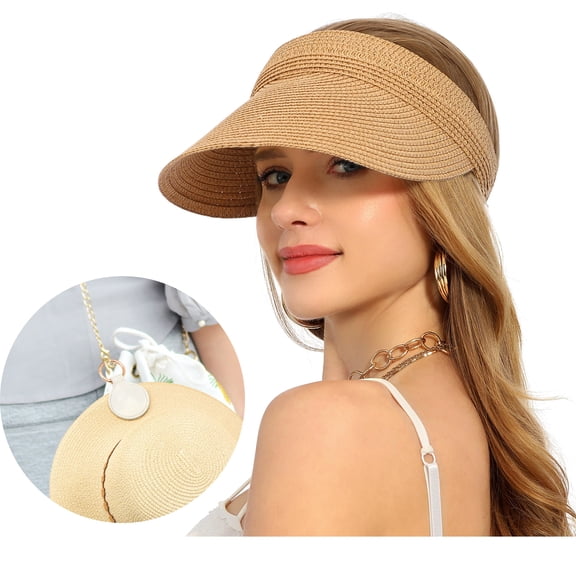 Sun Hats for Women UV Protection with Hat Clip, Wide Brim Straw Visor for Women, Packable Beach Cap for Summer, Ponytail Hole UV Protection Wide Brim Summer Cap for Travel, Khaki
