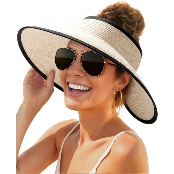 Sun Hats for Women Wide Brim Straw Visor Hat Packable Foldable Beach Hat Ponytail Open Top UV Protection Summer Travel Beach Hats for Women Essentials