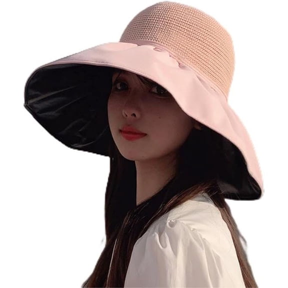 Sun Hats for Women, Women Outdoor Sports Face Sun Shielding Cap, UPF 50  UV Protection Wide Brim Bucket Hat with Bow for Women, Dome Shade Adjustable Polyester Caps, Pink