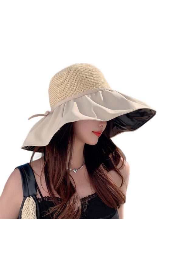 Sun Hats for Women, Women Outdoor Sports Face Sun Shielding Cap, UPF 50+ UV Protection Wide Brim Bucket Hat with Bow for Women, Dome Shade Adjustable Polyester Caps, Beige