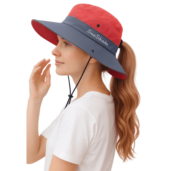 Sun Hats for Women, Wide Brim Bucket Hat for UV/Sun Protection, Foldable Cowboy Hats with Ponytail, Breathable Mesh Summer Fishing Hat for Beach, Outdoor (Orange & Dark Gray)
