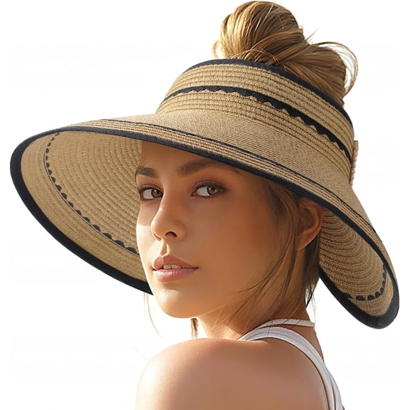 Sun Hats for Women, Beach Hat Sun Hat Women Visor Hats Wide Brim Straw Ponytail Hats for Women Foldable Floppy