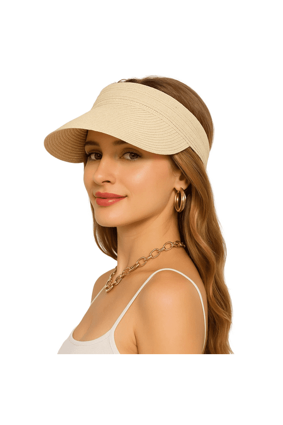 Sun Hats for Women, Foldable Floppy Straw Sun Visor Hats, Ponytail Beach Hats for Women, Wide Brim Breathable Summer Outdoor Hat, Off-White
