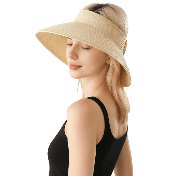 Sun Hats for Women, Foldable Straw Sun Visor Hats, Wide Brim Summer Beach Hat for Summer Shade, Ideal for Women's Summer Vacation, Off-White