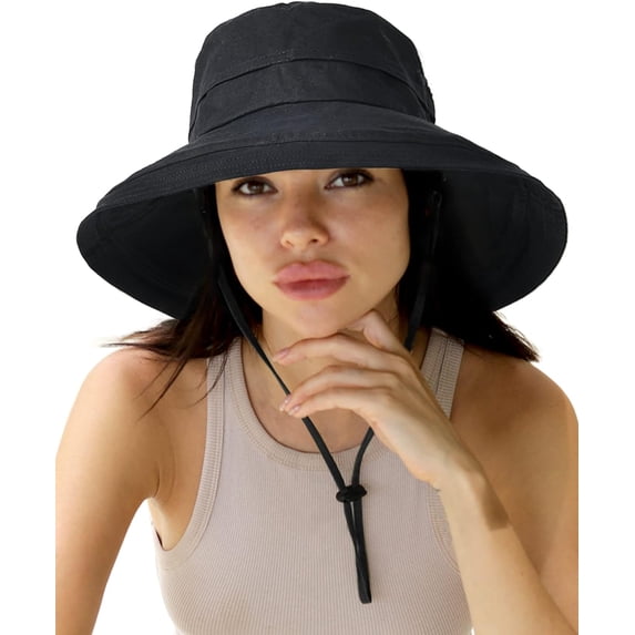 Sun Hats for Women Gardening Hat Wide Brim Ponytail Beach Sun Protection Breathable Cotton Summer Hat with Fold-Up Brim (Black)