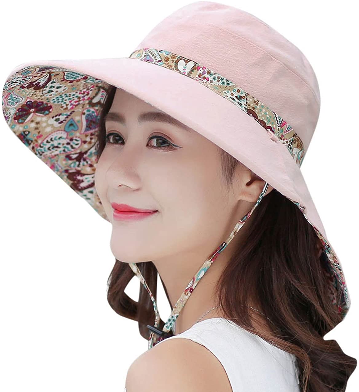 Sun Hats for Women Packable Sun Hat Adult Wide Brim UV Protection Beach Sun Cap Pink Floppy Sun Hat Floral Bucket Hats