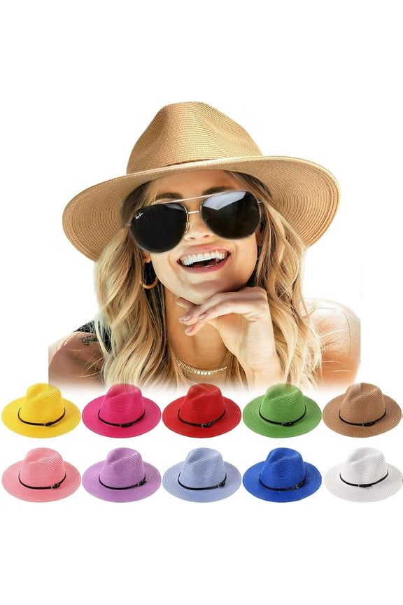 Sun Hats for Women Summer Wide Brim UV UPF 50+ Panama Fedora Foldable Packable Straw Beach Hat