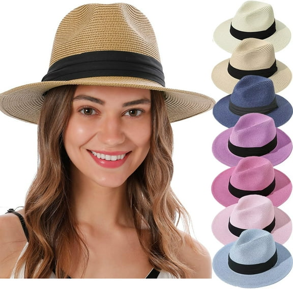 Sun Hats for Women Summer Wide Brim UV UPF 50+ Panama Fedora Foldable Packable Straw Beach Hat