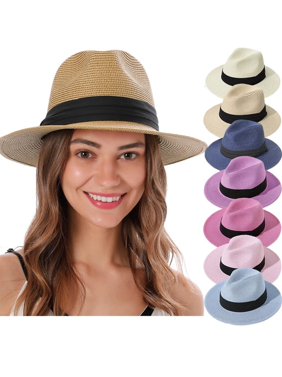 Sun Hats for Women Summer Wide Brim UV UPF 50+ Panama Fedora Foldable Packable Straw Beach Hat