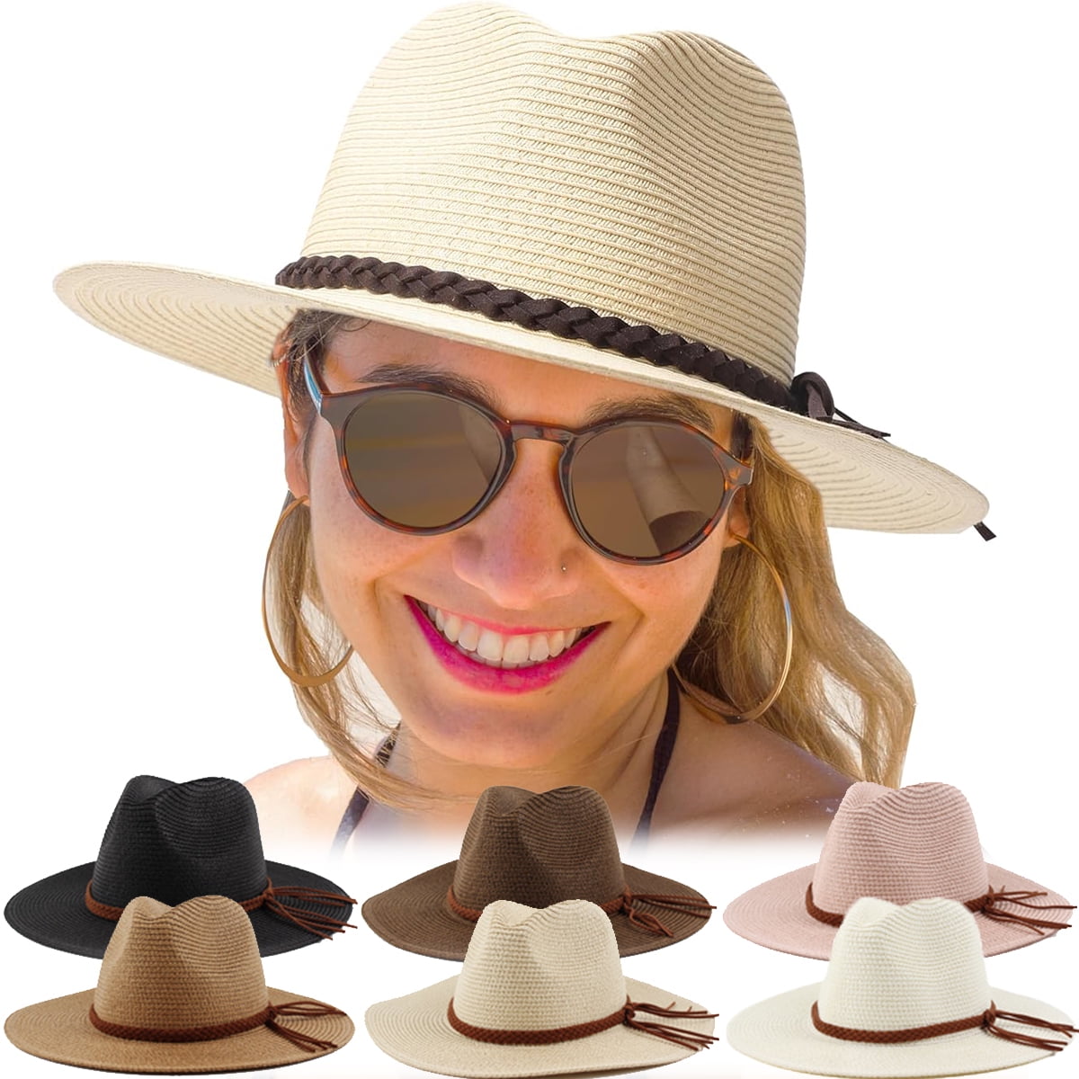 Women\'s Wide Brim Straw Sun Hat UPF 50+ Panama Fedora Packable Beach Fedora Beach Women's Packable Panama Hat Vorkoi Straw  main image 4