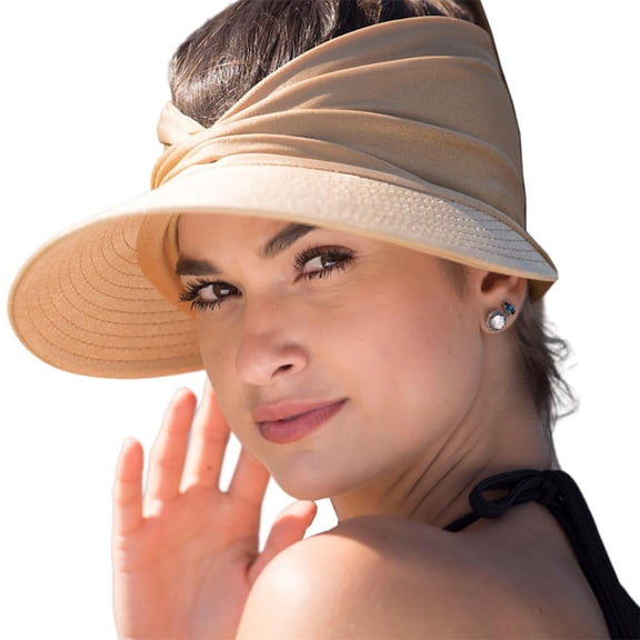 Sun Hats for Women UV Protection, Sun Visors for Women, Beach Visor Cap UV Protection with Wide Brim Packable Summer Sport Ponytail Sun Cap, Beige