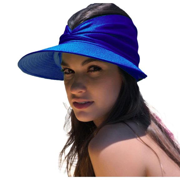 Sun Hats for Women UV Protection, Sun Visors for Women, Beach Visor Cap UV Protection with Wide Brim Packable Summer Sport Ponytail Sun Cap, Blue