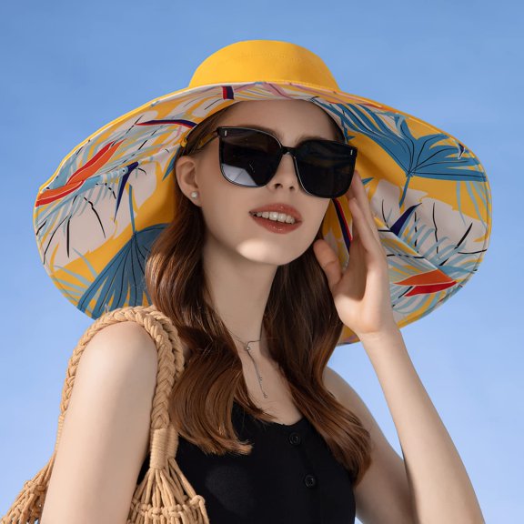 Sun Hats for Women, UV Protection Wide Brim Bucket Hat with Edge Floral, Reversible Foldable Cotton Floppy Beach Cap, Summer Outdoor Caps, Yellow