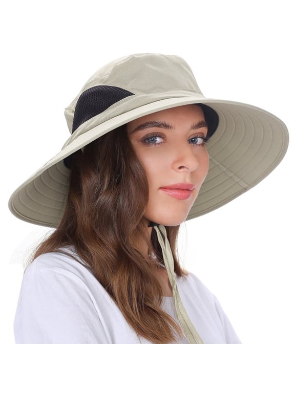 Sun Hats for Women, Waterproof Wide Brim Bucket Hat, UPF 50+ UV Protection Caps with Drawstring, Summer Beach Wide Brim Cap for Fishing, Beige