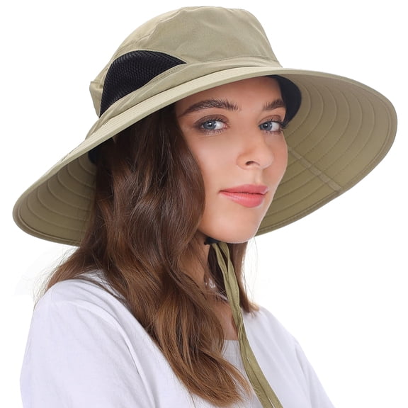 Sun Hats for Women, Waterproof Wide Brim Bucket Hat, UPF 50  UV Protection Caps with Drawstring, Summer Beach Wide Brim Cap for Fishing, Khaki-1
