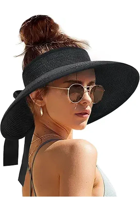 Sun Visors for Women Wide Brim Beach Hat Foldable Straw Visor Hat Ponytail Summer Packable UPF 50+