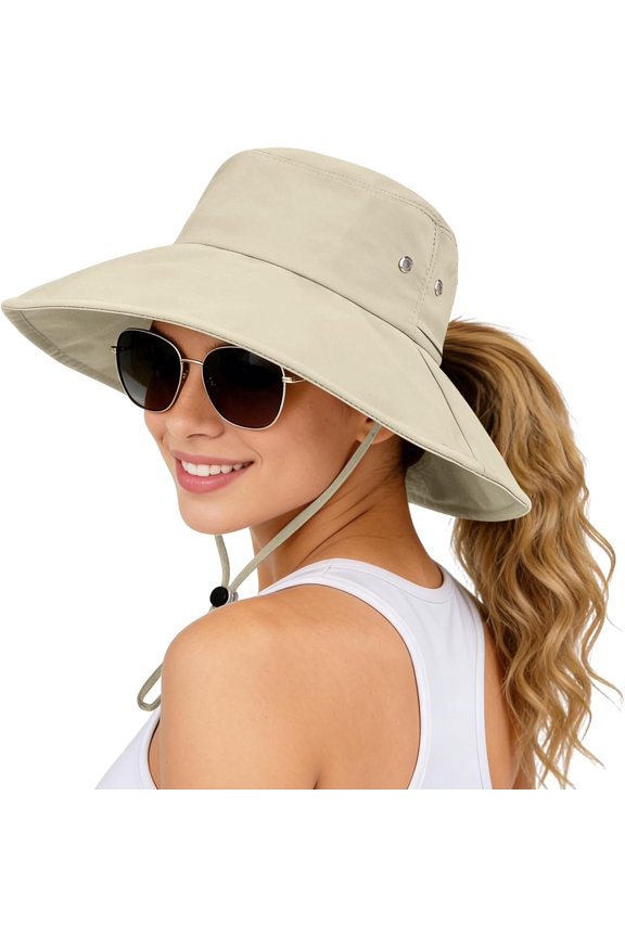 Sun Hats for Women Wide Brim Bucket Hat Ponytail, Fishing Hat UPF 50+ Packable for Beach Gardening with Fold-Up Brim