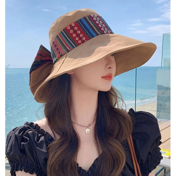 Sun Hats for Women, Wide Brim Bucket Hat with Bow, Lightweight and Foldable Exotic Panama Cap, UV Protection Fishing Caps for Women, Khaki