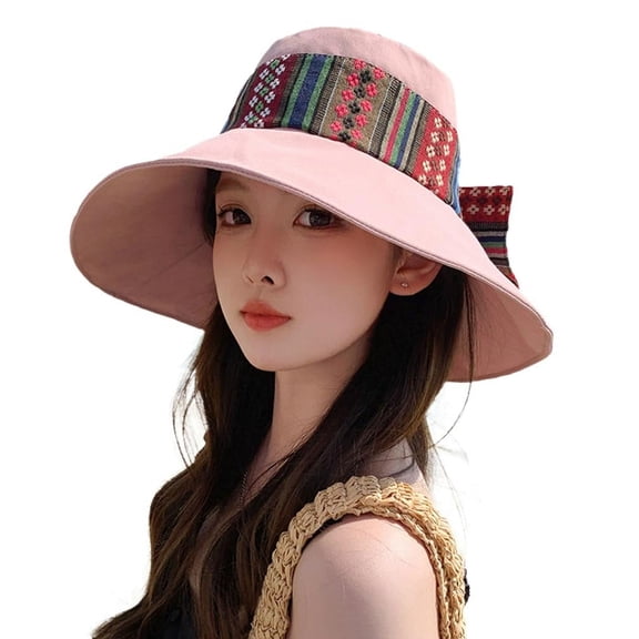 Sun Hats for Women, Wide Brim Bucket Hat with Bow, Lightweight and Foldable Exotic Panama Cap, UV Protection Fishing Caps for Women, Pink
