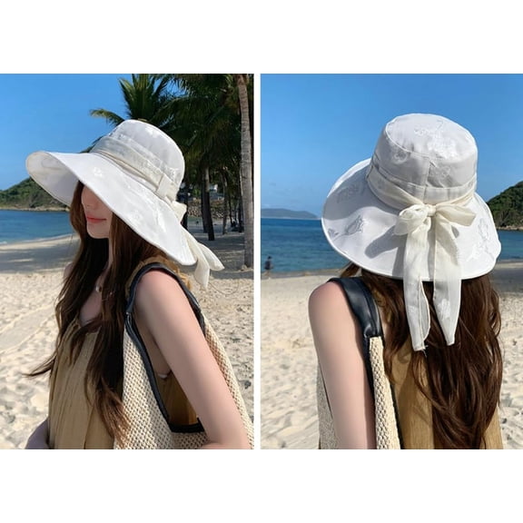Sun Hats for Women, Wide Brim Bucket Hats for Women with Bow, Foldable UPF 50  UV Protection Hiking Fishing Gardening Caps Outdoor, White