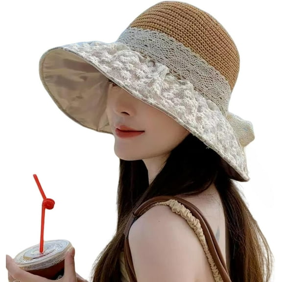 Sun Hats for Women,Wide Brim&Lace Ribbons-Sun Protection,Lightweight Breathable Design for Beach,Pool,Outdoor