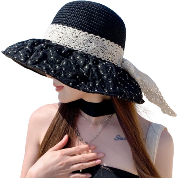 Sun Hats for Women,Wide Brim&Lace Ribbons-Sun Protection,Lightweight Breathable Design for Beach,Pool,Outdoor