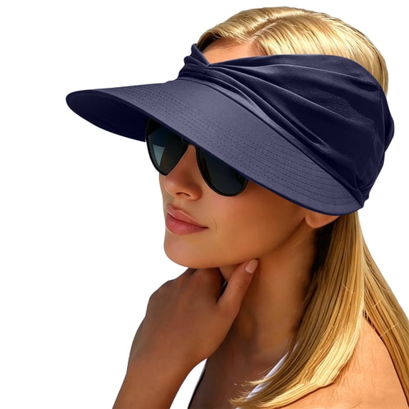 Sun Hats for Women Wide Brim Ponytail Outdoors UV Protection Cap Pleated Open Roof Beach Visor Sunhats, Navy