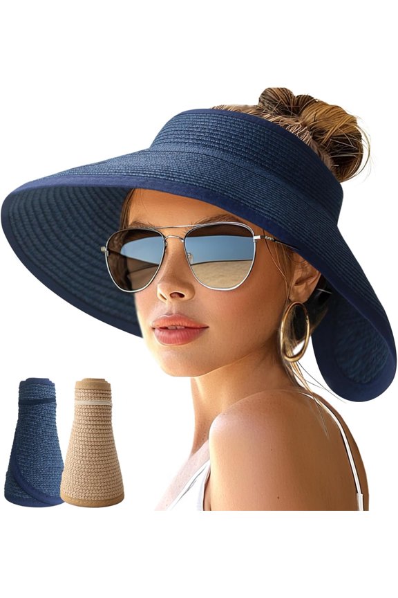 Sun Hats for Women Wide Brim Roll-Up Beach Ponytail Hat Packable Foldable Travel Straw Visor