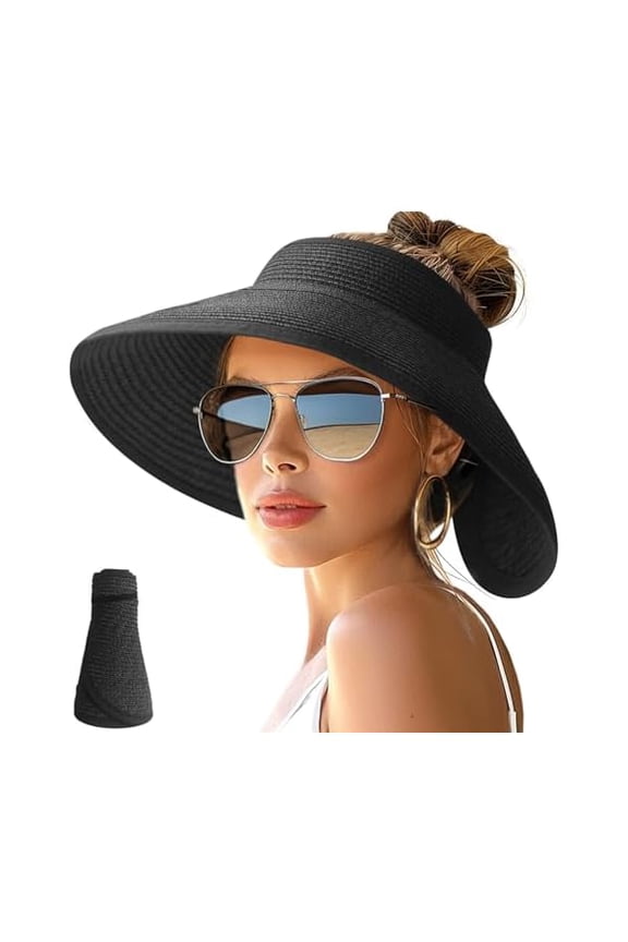 Sun Hats for Women Wide Brim Roll-Up Beach Ponytail Hat Packable Foldable Travel Straw Visor