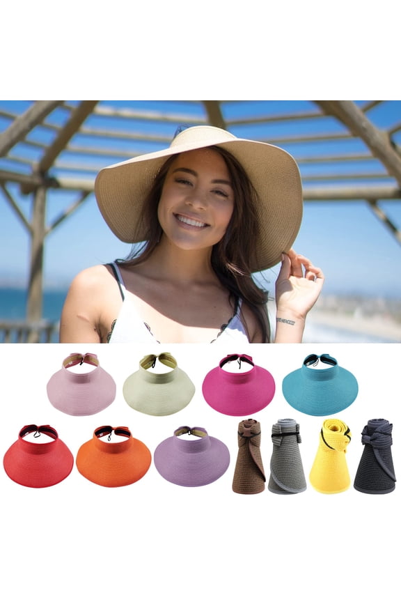 Sun Hats for Women Wide Brim Roll-Up Beach Ponytail Hat Packable Foldable Travel Visor Adjustable Open Top Headwear Coffee One Size