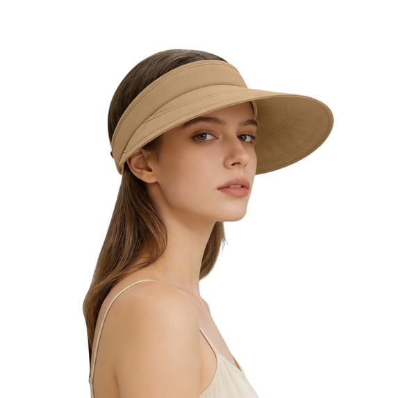 Sun Hats for Women Wide Brim Roll-Up Beach Ponytail Hat Packable Travel Straw Visor Khaki One Size