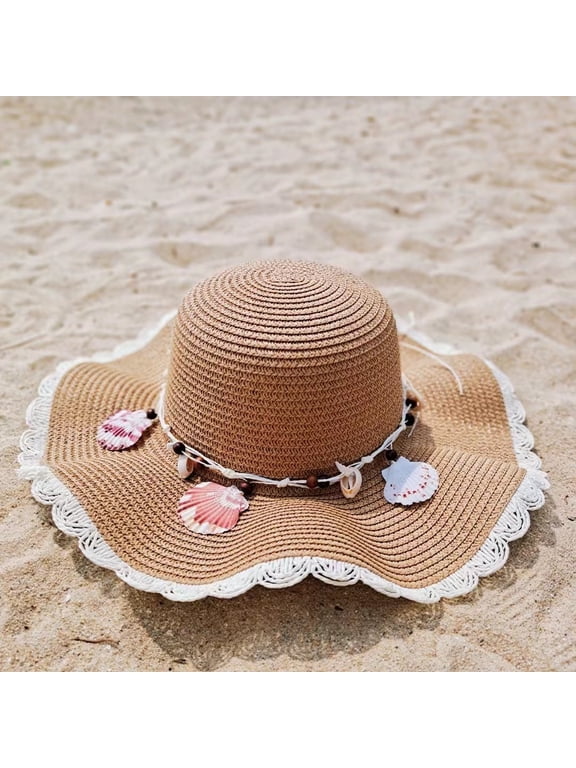 Sun Hats for Women Wide Brim Straw Hat Beach Protection Hat, Foldable Packable Summer Shell Decoration Cap UPF 50+