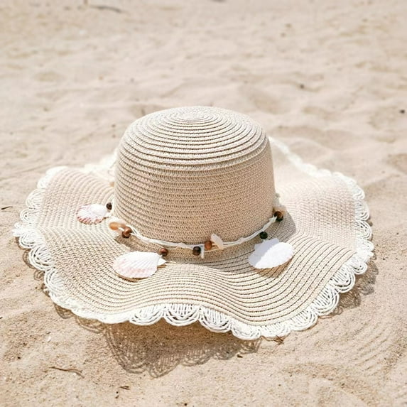 Sun Hats for Women Wide Brim Straw Hat Beach Protection Hat, Foldable Packable Summer Shell Decoration Cap UPF 50+