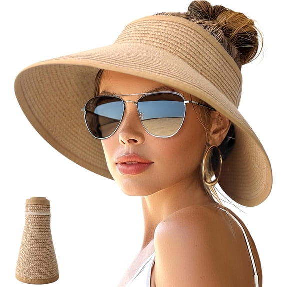 Sun Hats for Women Wide Brim Straw Visor Hat Ponytail Open Top Packable Sun Hat Women Foldable Roll-Up Beach Hats for Women Summer Travel