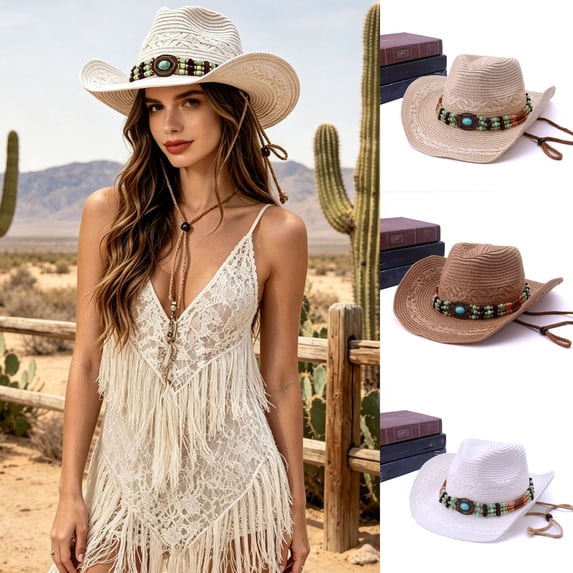 Sun Hats for Women Women Bohemian Panama Wide Brim UPF 50 Western Cowboy Beach Hat Beige One Size