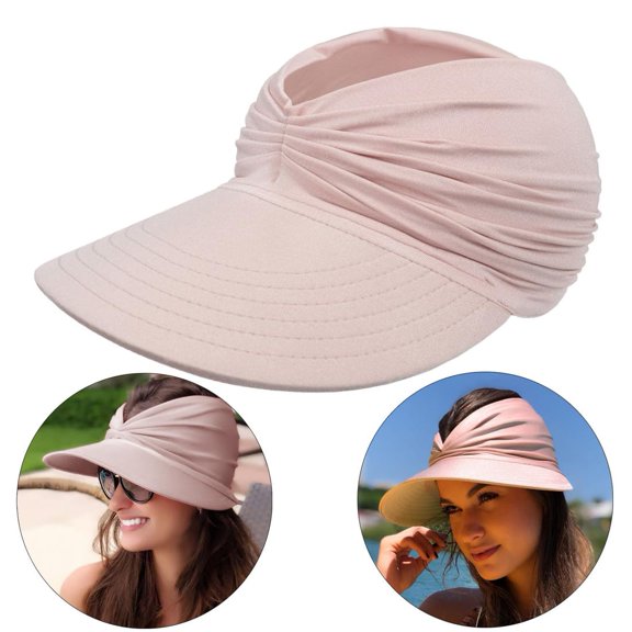 Sun Hats for Women with Hat Clip, Sun Visors for Women, Beach Visor Cap UV Protection with Wide Brim Packable Summer Sport Ponytail Sun Cap, Pink