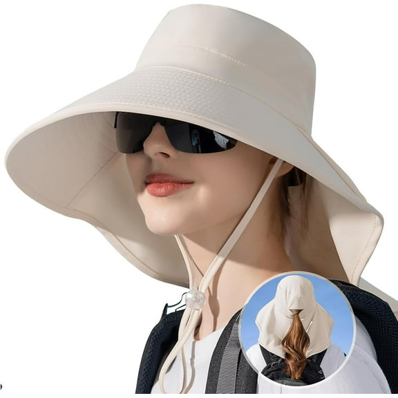 Sun Hats for Women with Neck Flap Ponytail Hole Women Sun Hats Rollable UV Protection Fishing Hats Wide Brim UPF 50+