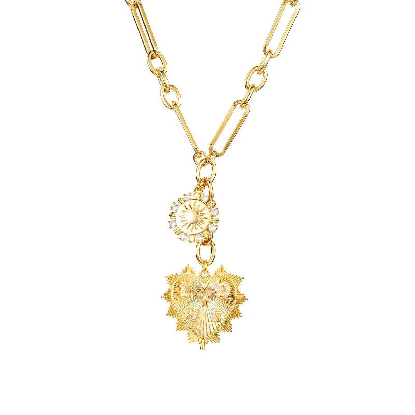 Sun Heart Pendant Choker Necklace for Women,18K Gold Plated Multi Pendants Chunky Paperclip Chain Hip Hop Neutral Jewelry